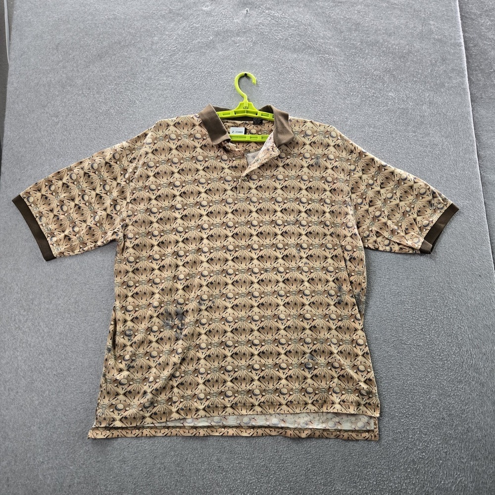 VINTAGE Tabasco Men Polo XL Tan‎ Embroidered Graphic Golf Print